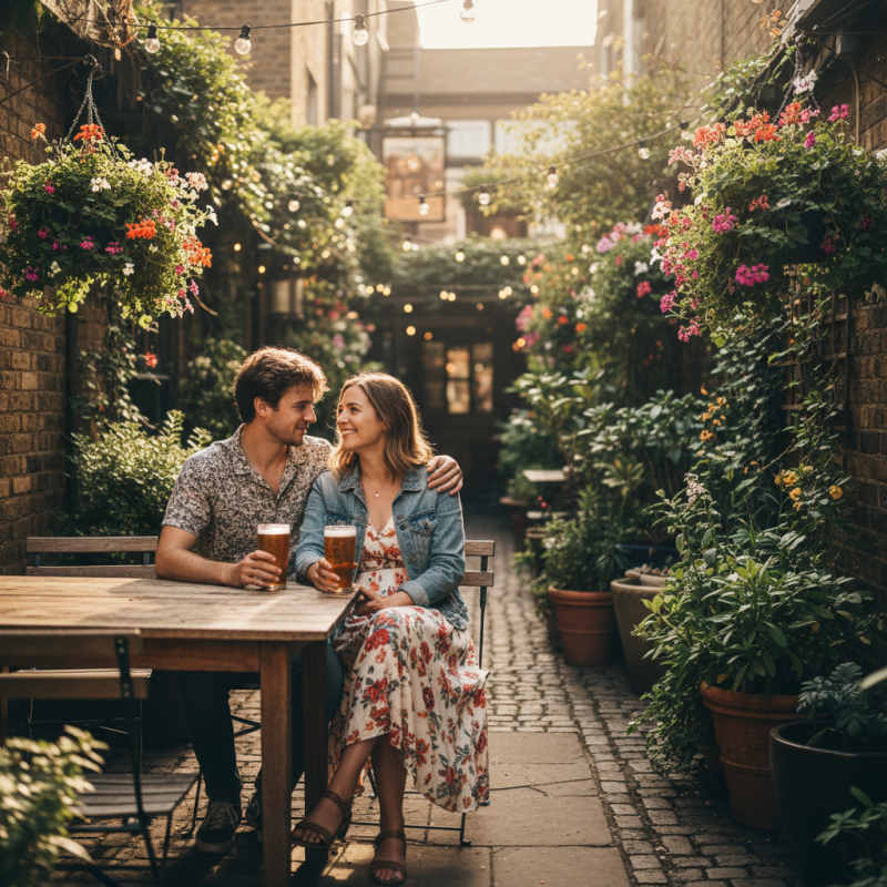 Young couple relaxing in a London pub garden on a sunny day, representing 420-friendly dating in the UK
