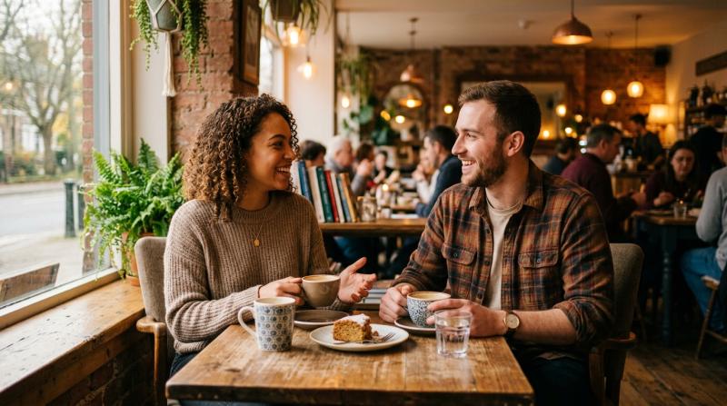 Two young adults having a relaxed conversation at a cosy café, representing inclusive autistic dating in the UK
