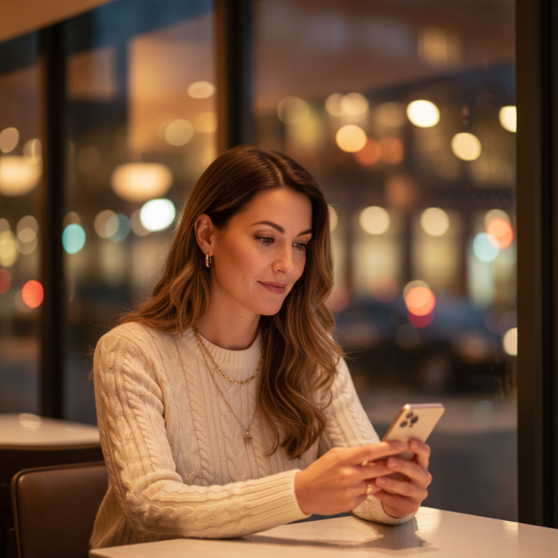 Woman using phone on casual dating site in London cafe