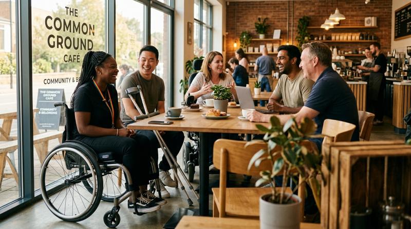 Diverse group of people with different abilities connecting in a warm, welcoming café setting - representing inclusive disability dating in the UK