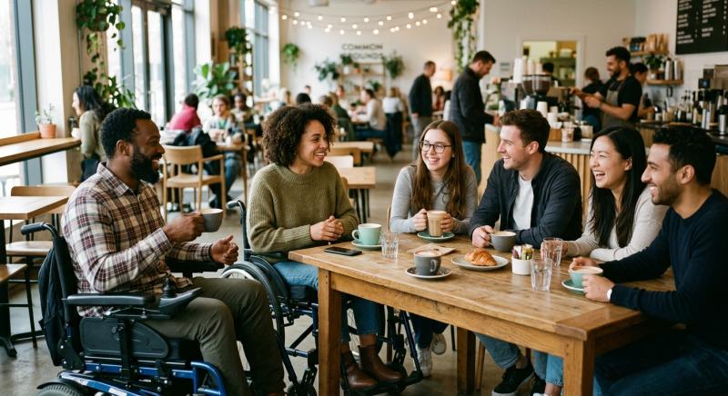 Diverse group of people including wheelchair users enjoying a friendly coffee meetup at a modern cafe