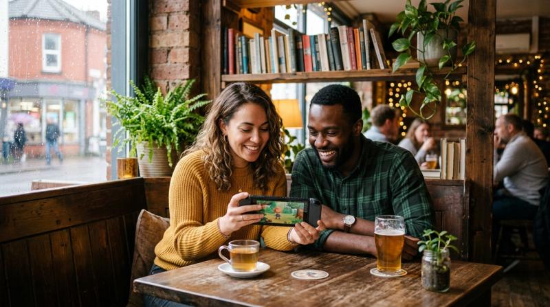 Two adults laughing on a relaxed coffee date, one showing the other a handheld games console in a cosy UK pub setting