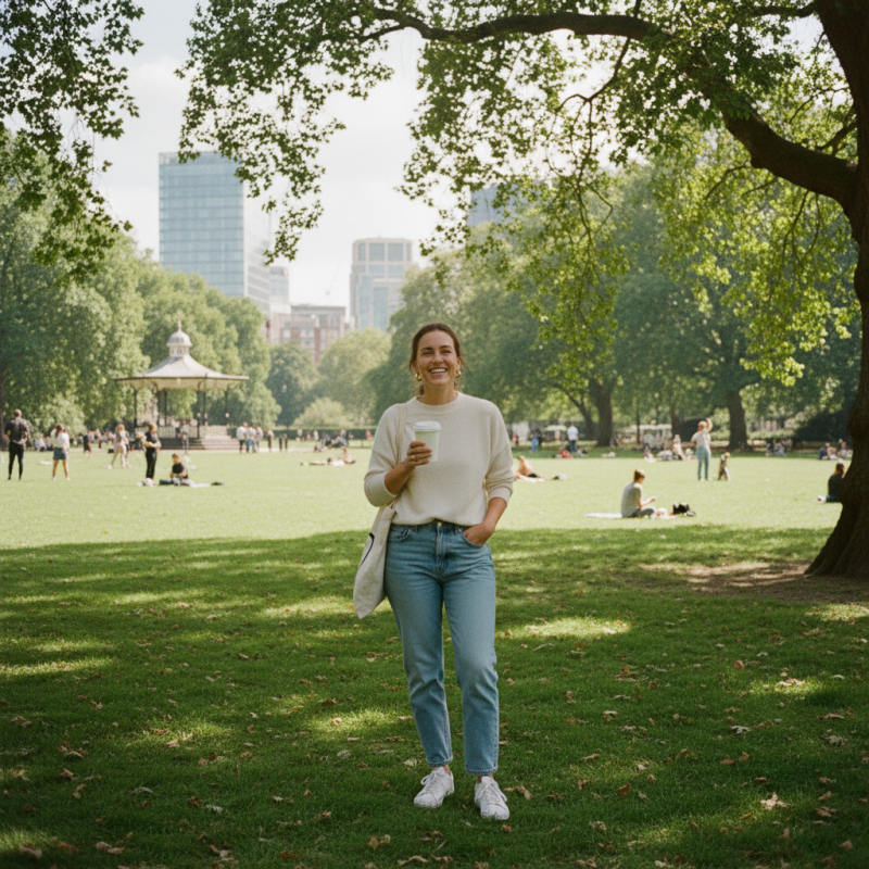 Confident woman enjoying a coffee on a sober dating morning walk in a London park