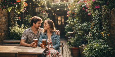 Young couple relaxing in a London pub garden on a sunny day, representing 420-friendly dating in the UK
