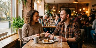 Two young adults having a relaxed conversation at a cosy café, representing inclusive autistic dating in the UK