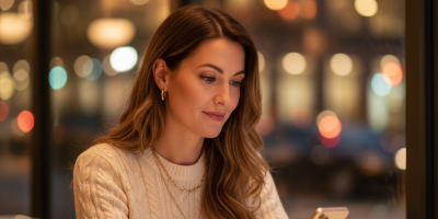 Woman using phone on casual dating site in London cafe