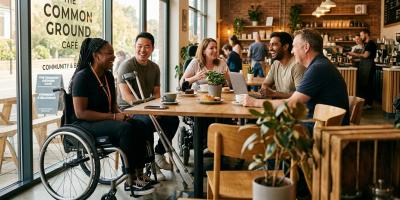 Diverse group of people with different abilities connecting in a warm, welcoming café setting - representing inclusive disability dating in the UK