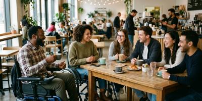 Diverse group of people including wheelchair users enjoying a friendly coffee meetup at a modern cafe