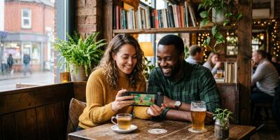 Two adults laughing on a relaxed coffee date, one showing the other a handheld games console in a cosy UK pub setting
