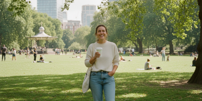 Confident woman enjoying a coffee on a sober dating morning walk in a London park